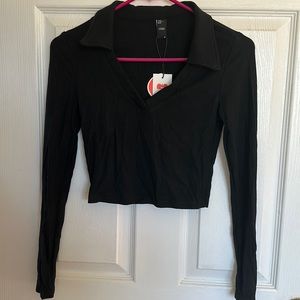 Cider Black Long Sleeve Collar Crop Top